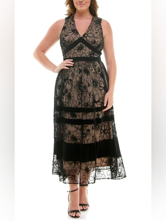 Taylor Dresses & Skirts - Taylor Black Floral Lace Midi Dress with Nude Underlay